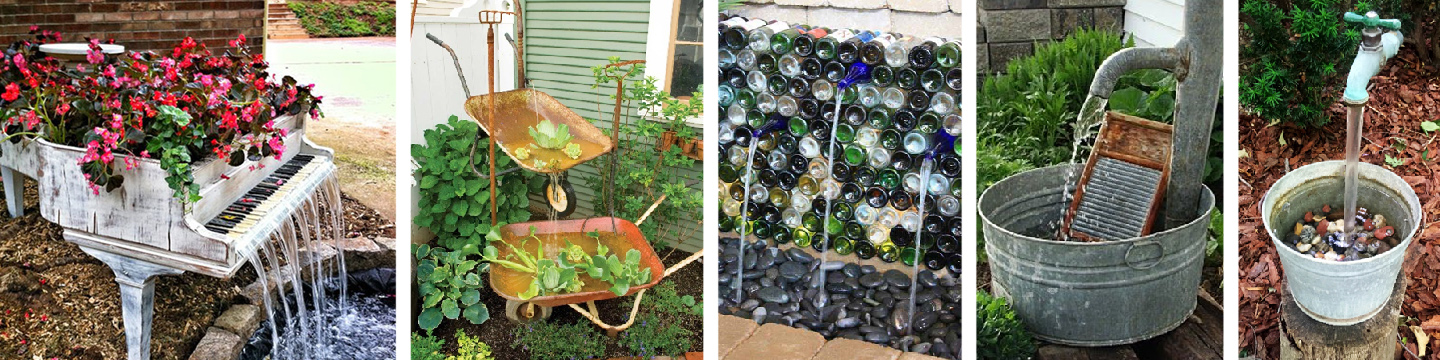 Re-purposed material turned into water features; DIY water features